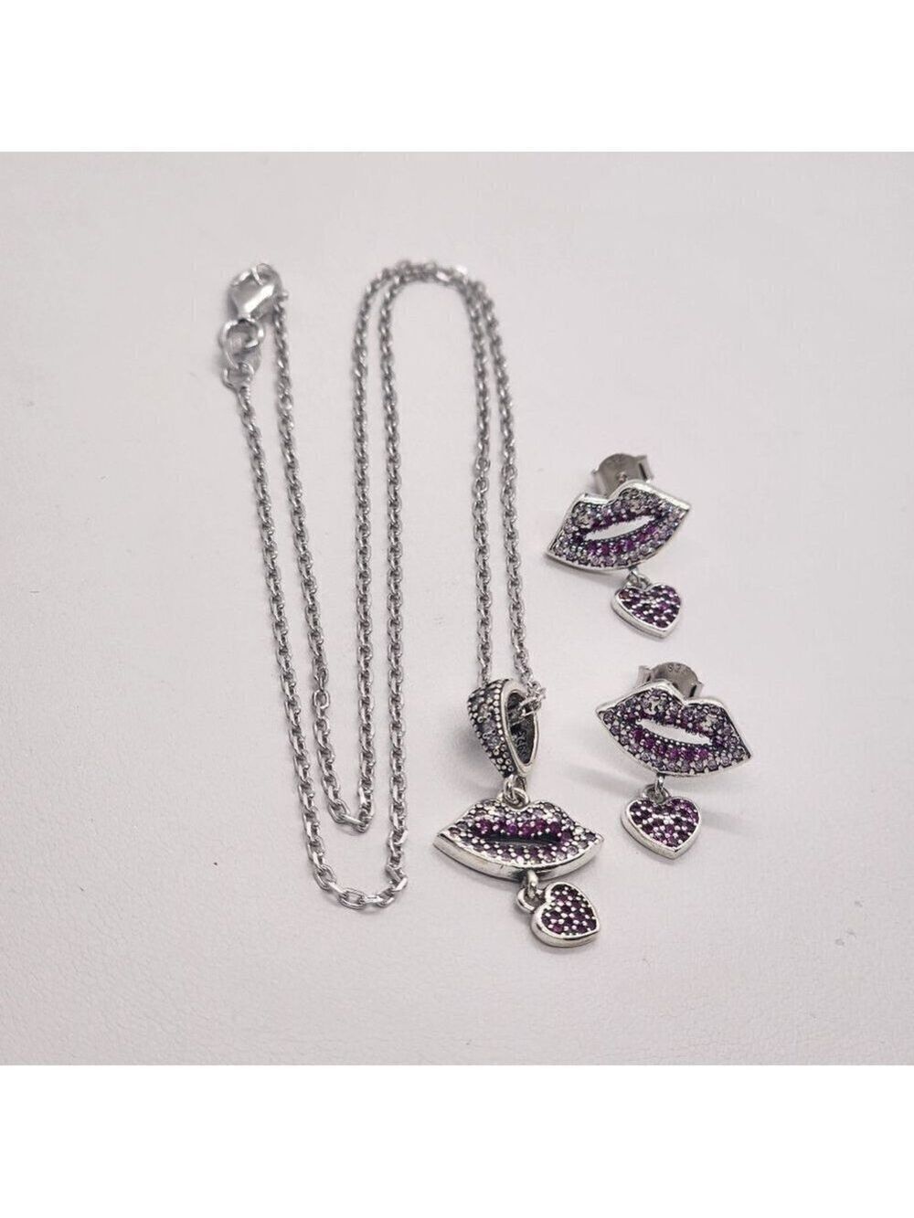 Brand New Sterling Silver 925 Pink Lips 2pc Earrings & Necklace Set